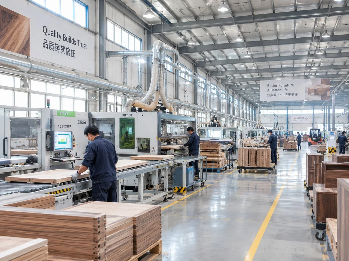 Jimeijia solid wood furniture factory floor in Qingdao — CNC production lines and craftsmen at work