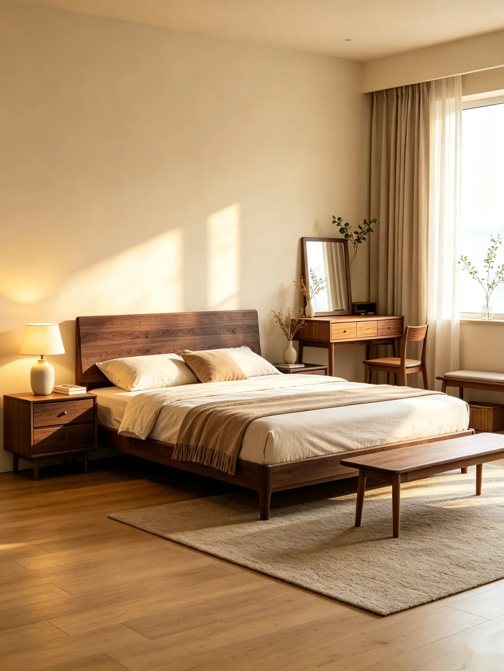 Solid wood bedroom furniture — bed, nightstand and dresser
