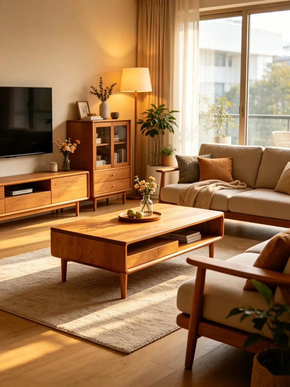 Solid wood living room furniture — sofa, coffee table and TV cabinet