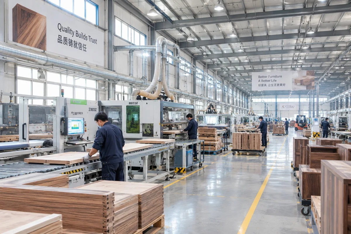 Jimeijia 15,000 m² solid wood furniture factory floor in Qingdao — CNC production lines and craftsmen at work