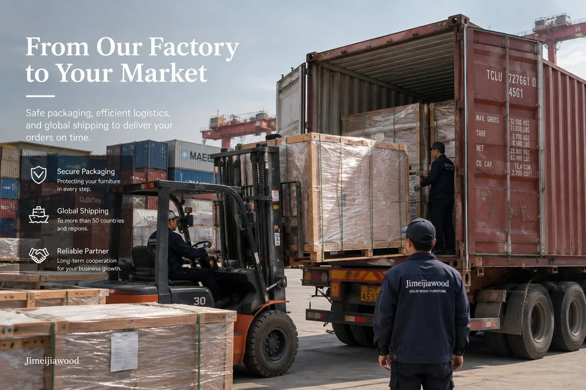 Forklift loading wrapped solid wood furniture into a shipping container at the port