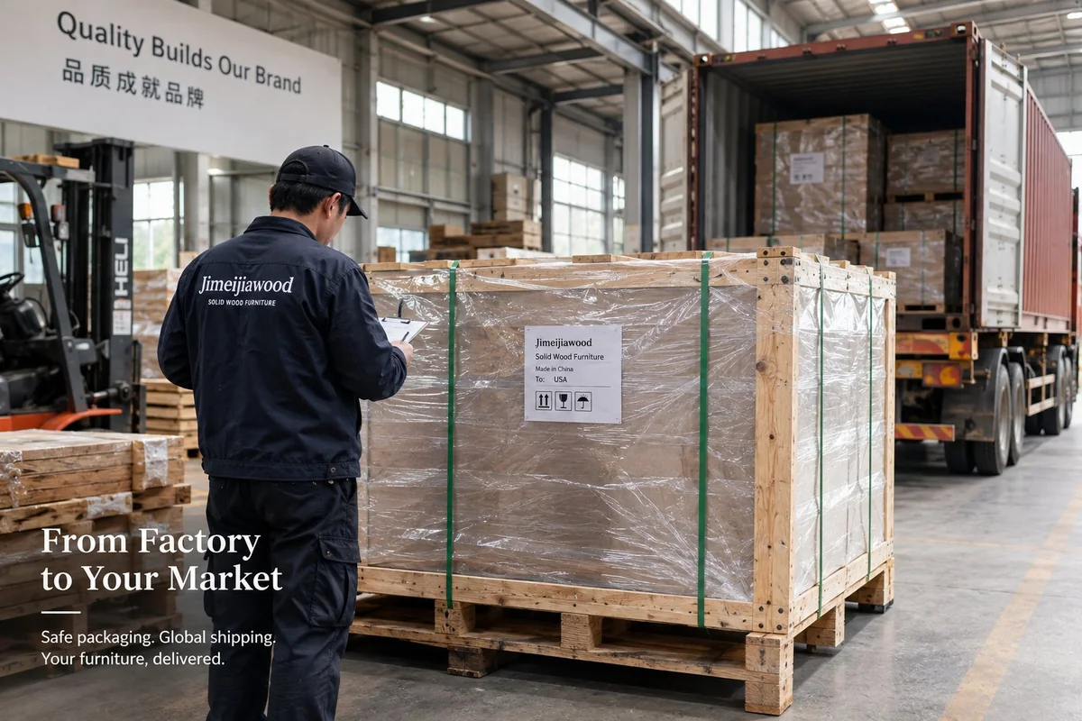 Solid wood furniture order wrapped and crated for export, ready for container loading