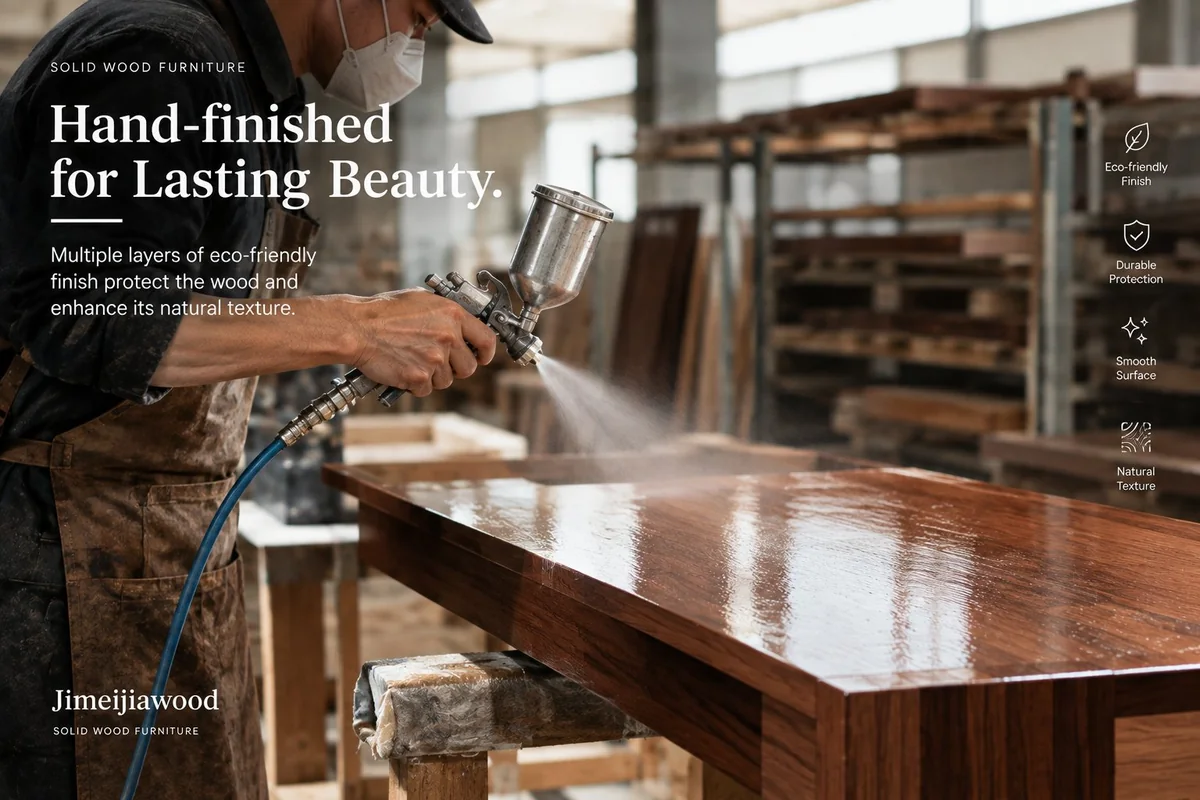 Craftsman spray-finishing a solid walnut table top in the Jimeijia finishing area