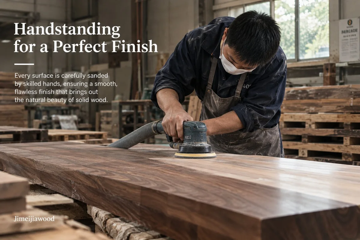 Craftsman sanding a solid wood table top with an orbital sander
