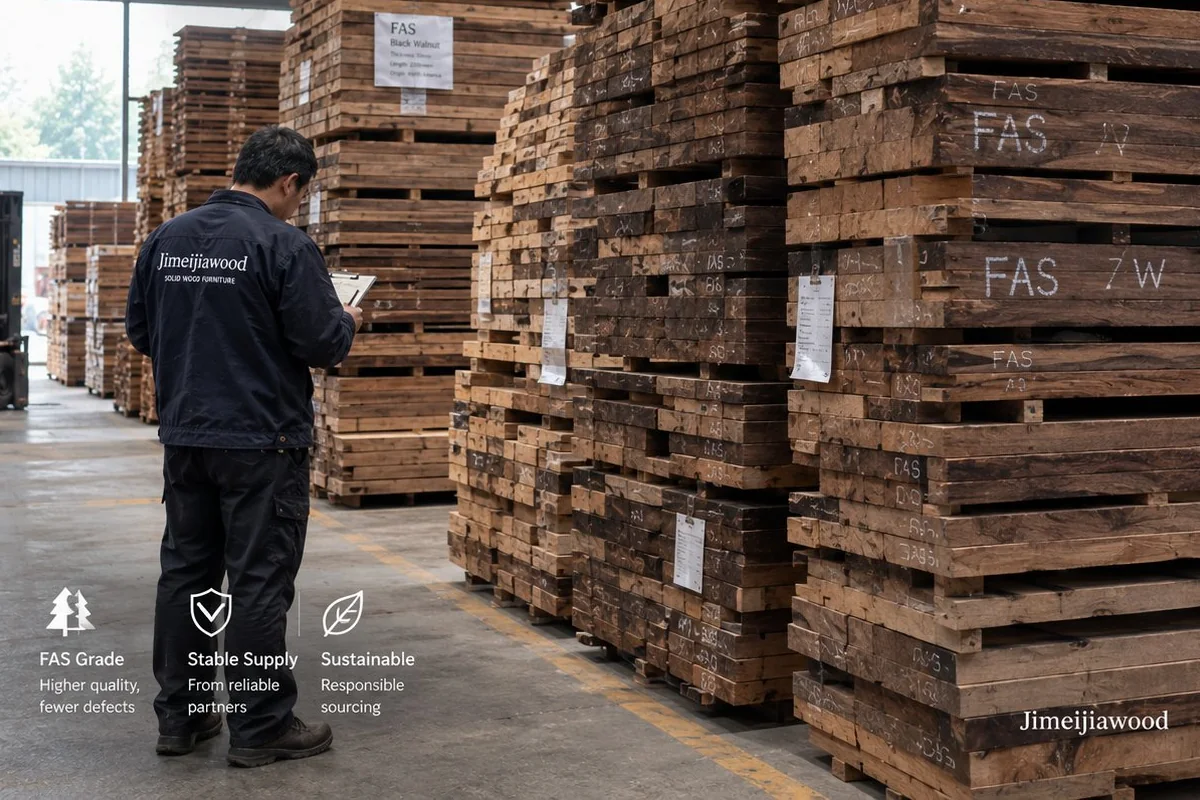 Worker checking FAS-grade solid wood boards in the Jimeijia timber warehouse