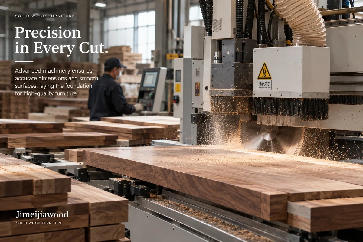 Precision panel saw cutting a solid wood board to accurate dimensions in the Jimeijia workshop