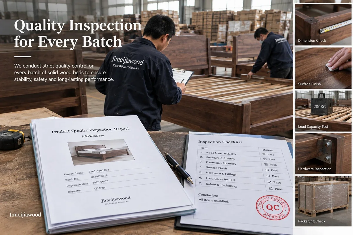 Quality control inspection of a solid wood bed batch — dimension, surface and hardware checks with a signed inspection report