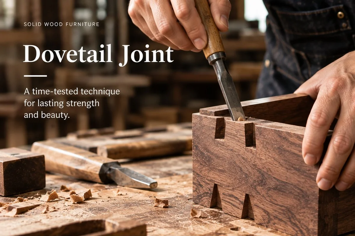 Craftsman hand-cutting a dovetail joint in solid wood with a chisel