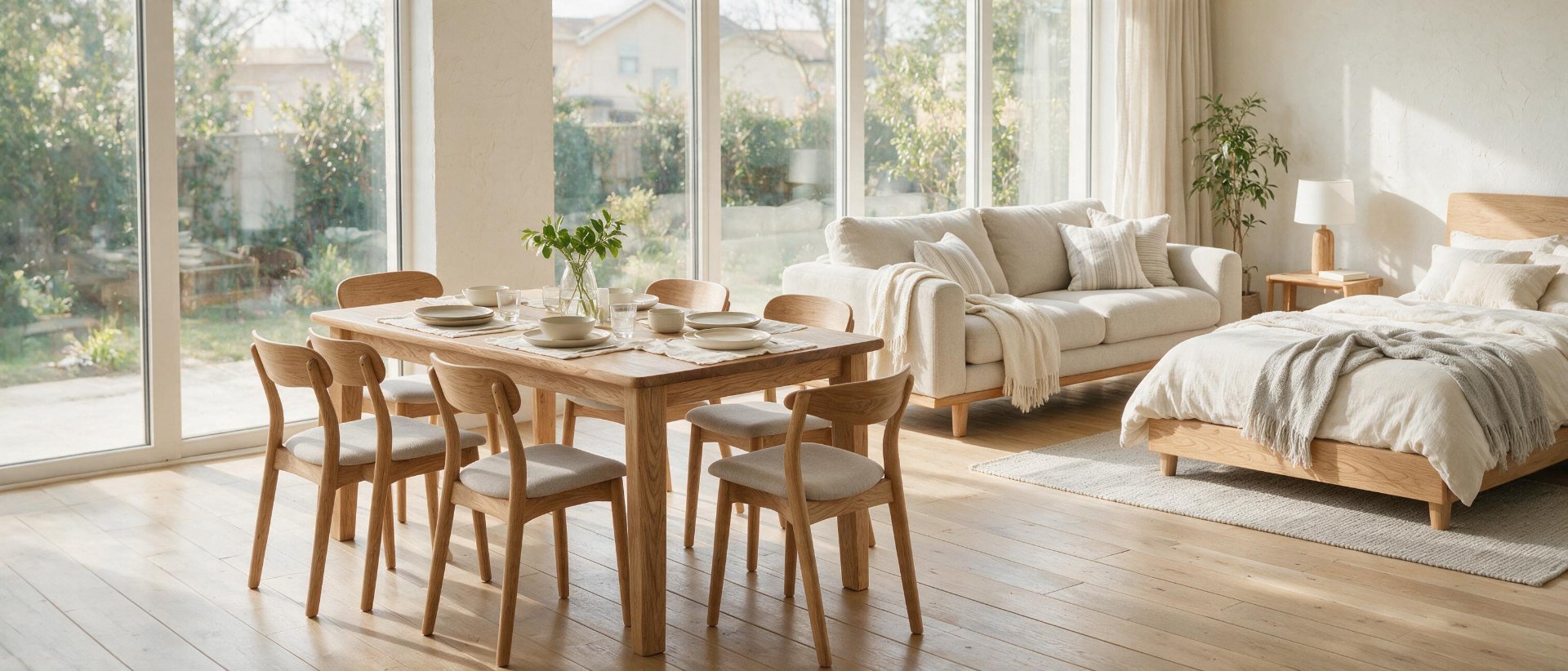 Premium solid wood furniture in bright modern living and dining space