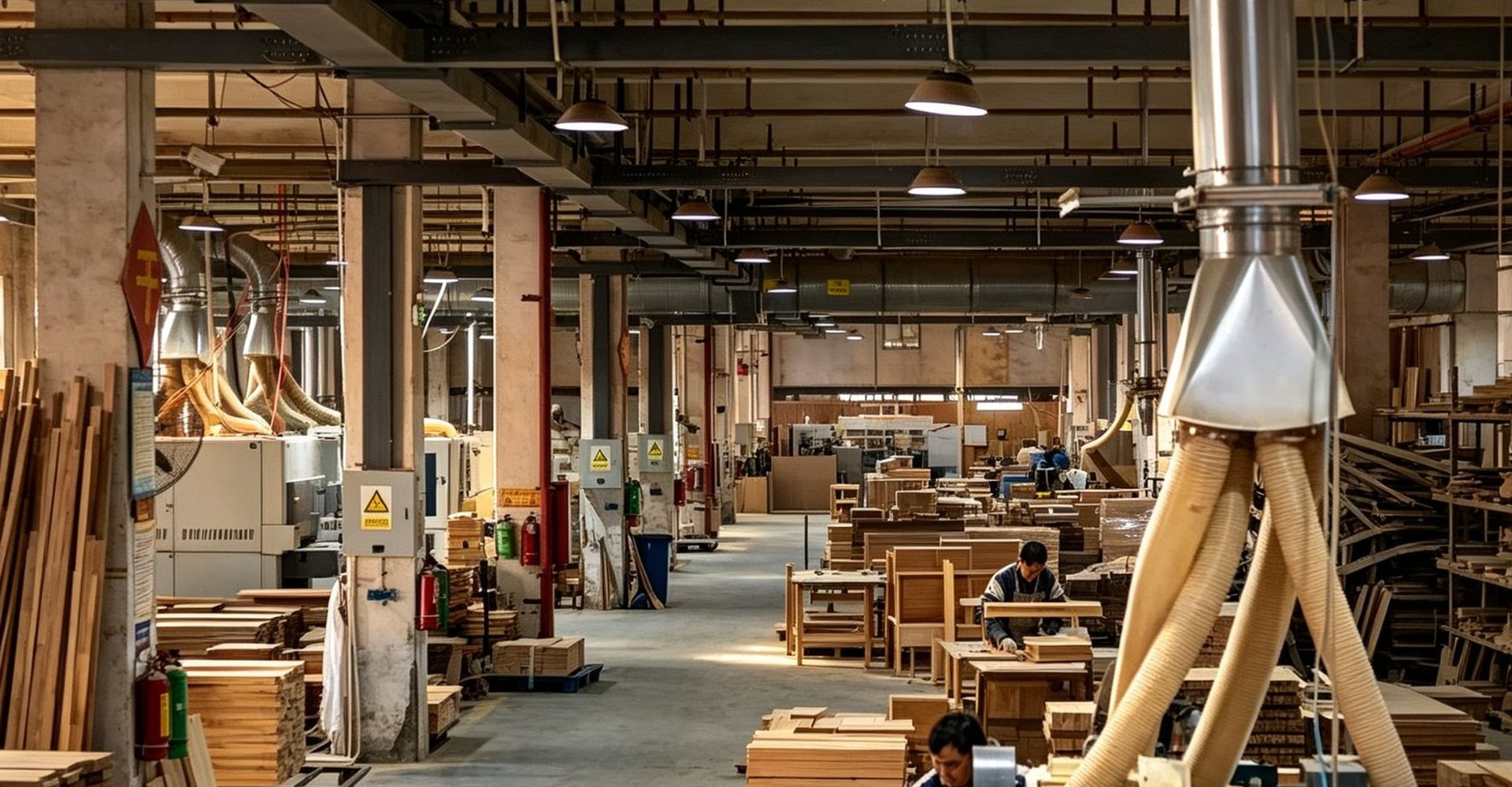 Inside the Jimeijia factory: craftsmen working solid oak at the workbench beside stacked timber
